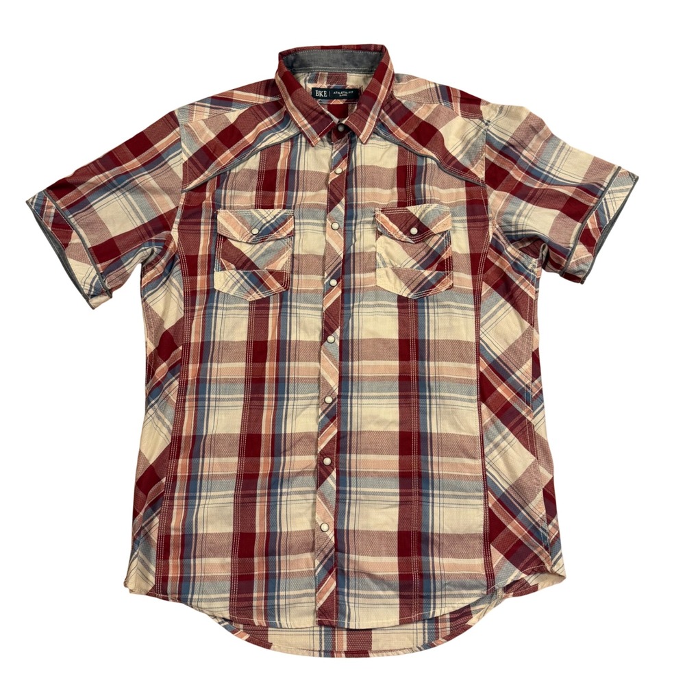 BKE Athletic Fit Mens XL Short Sleeve Pearl Snap Western Plaid Shirt 11695FPW